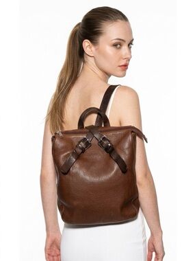 RUDSAK Brown Pebbled Leather Backpack Silver Hardware Buckle Detail Women's